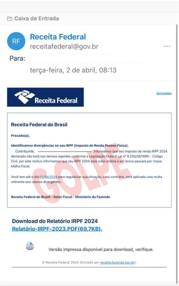 Receita alerta para nova versão do golpe “Erro na Declaração do IR”