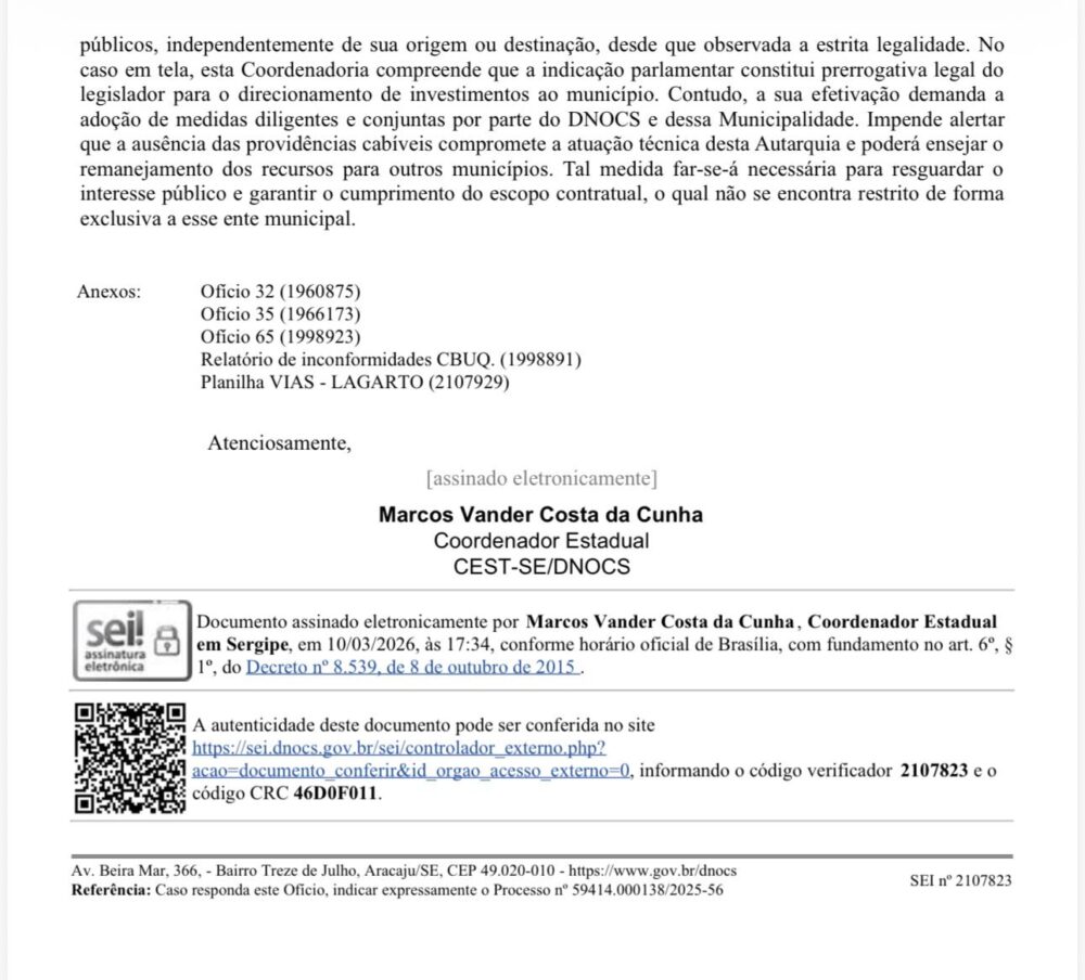 DNOCS confirma que pavimentação asfáltica em Lagarto é com recursos de Gustinho e alerta: se a prefeitura não liberar o solo do Kaptiva, o recurso será remanejado