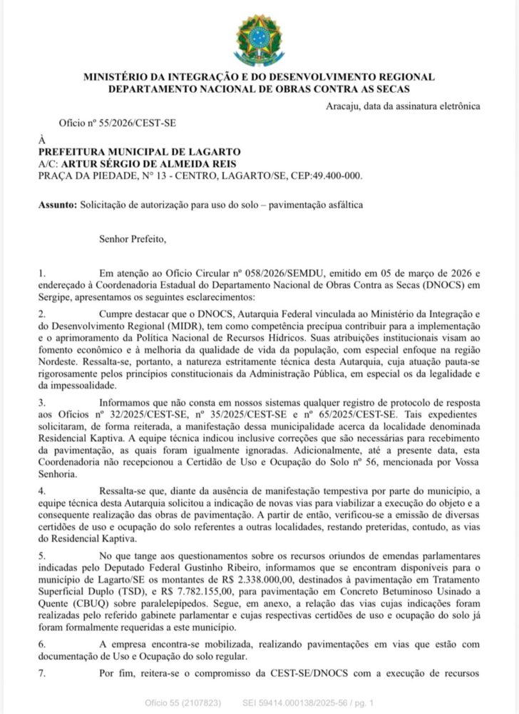 DNOCS confirma que pavimentação asfáltica em Lagarto é com recursos de Gustinho e alerta: se a prefeitura não liberar o solo do Kaptiva, o recurso será remanejado